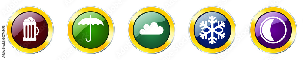 Aufkleber set of colorful web glossy vector icons, beer, cloud, snowflake, umbrella and moon buttons in eps 10