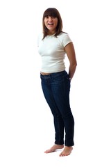Fototapeta premium Portrait of standing cheerful caucasian woman on isolated white background. Young beautiful female in full growth