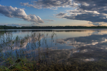Landscape evening with sunset on a lake with lilies, with beautiful sky in summer season	