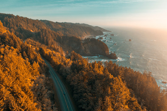 Samuel H. Boardman State Scenic Corridor Highway 101 Coastline View Drone 
