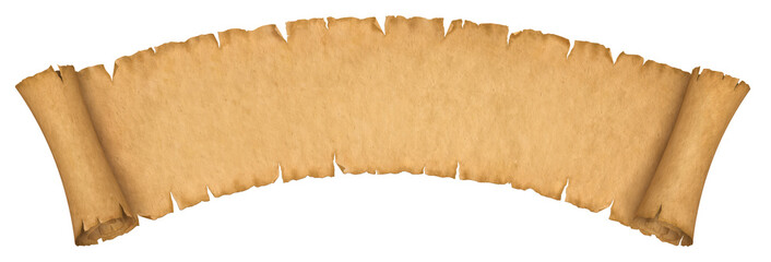 Vintage paper scroll banner isolated on white. Old manuscript or papyrus scroll horizontal oriented.