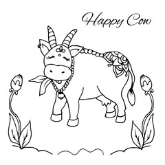 Happy indian cow black outline on white background, isolated vector illustration