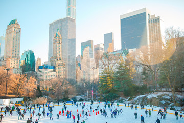 Ice skaters having fun in New York Central Park in winter
