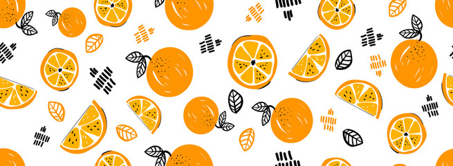 Seamless bright light pattern with Fresh oranges for fabric, drawing labels, print on t-shirt, wallpaper of children's room, fruit background. Slices of orange doodle style cheerful background.