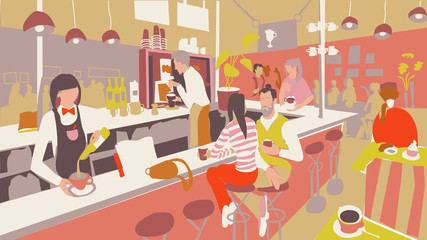 Cafe interior and people. Barista and friends talking at the bar or cafeteria. Vector illustration in flate style.