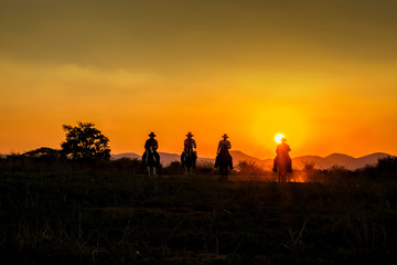 Fototapeta na wymiar silhouette of cowboys group riding horseback in dusty road at sunset sky for backgroumd