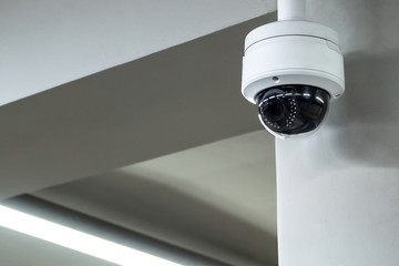 A review of surveillance cameras on white background. Security concept. Facial recognition. Program...