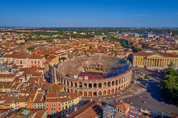 Verona Arena aerial panoramic view. Arena is a Roman amphitheatre in Piazza Bra, Italy.  - obrazy, fototapety, plakaty