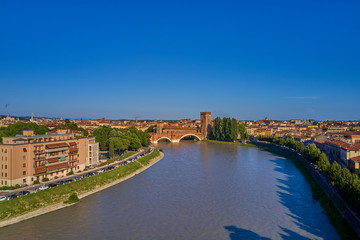 The historic city center of Verona, Italy. Adige River. Aerial view