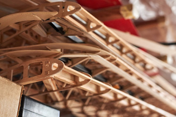 The wings of a radio-controlled aircraft in the workshop, the construction of the airplane.
