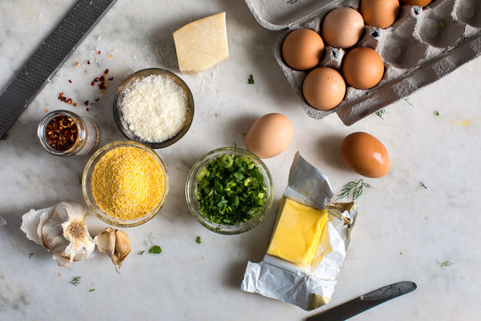 Overhead view of ingredients for herby polenta