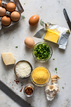 Overhead view of ingredients for&dagger;herby&dagger;polenta