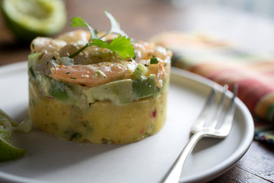Close up of Peruvian&dagger;causa&dagger;on plate