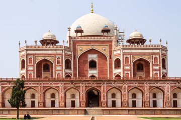 Close view on Main Building of Humayun's Tomb Complex taken from square garden. UNESCO World Heritage in Delhi, India. Asia.