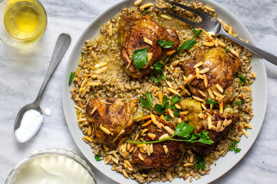 Overhead view of freekeh with chicken