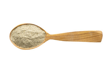 blue Fenugreek Powder in wooden spoon isolated on white background. spice for cooking food, top view.