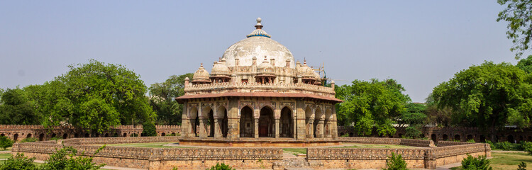 Wide Panoramic view on Tomb of Isa Khan near Mausoleum of Humayun Complex. UNESCO World Heritage in Delhi, India. Asia.