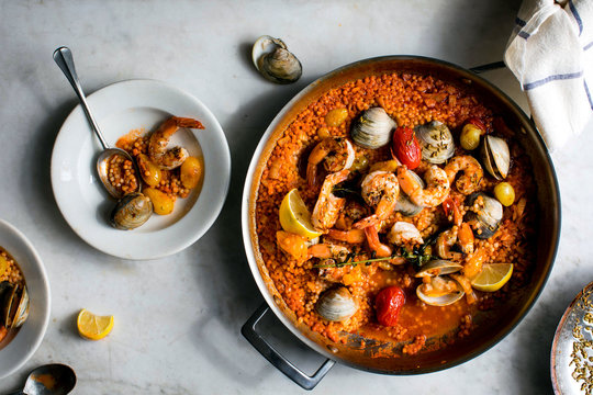 Prawn paella with Israeli couscous