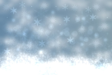 Abstract blurred festive winter christmas or Happy New Year background with shiny blue and white bokeh lighted snow landscape. Space for your design. Card concept.