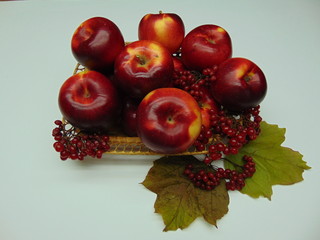 Red apples with red viburnum in a basket on a white background closeup.