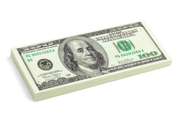 Top view and side view on a stack of hundred dollar banknotes isolated on a white background. Business and finance concept. Design Element, Clipping Path. American cash money.