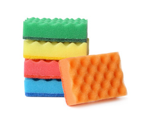 Stack of colorful plasdtic dishwashing sponges