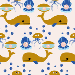 Golden wheals, jellyfish and beautiful pearls in a seamless pattern design