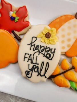 Happy fall y'all sugar cookie plaque decorated to celebrate thanksgiving