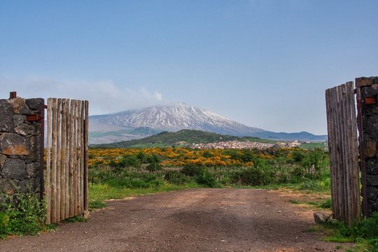 snovy volcano Etna National Park from Maletto, Sicily, Italy