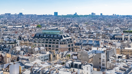 Paris, ancient and modern buildings in the center, typical parisian facade and windows, aerial view from the Saint-Jacques tower