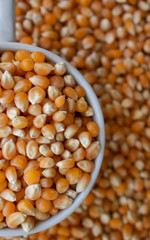 Dry corn in white ceramic bowl isolated on white. Spilled corn kernels and fresh vegetables