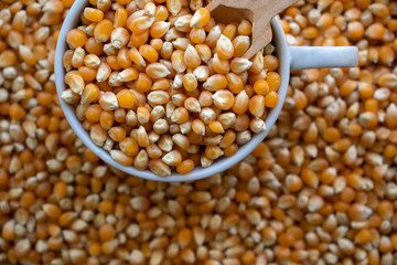 Dry corn in white ceramic bowl isolated on white. Spilled corn kernels and fresh vegetables