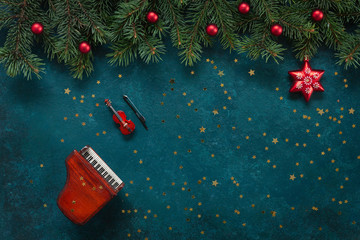 Miniature copies of the piano and violin with Christmas decor and glitter. Christmas, New Year's...