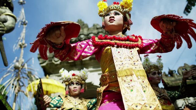 Indonesia Hindu temple females performing ancient dance Bali 