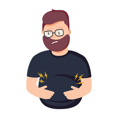 Abdominal bloating. Big fat stomach. Symptom of disease, danger for health. Constipation, diarrhea, Vector illustration