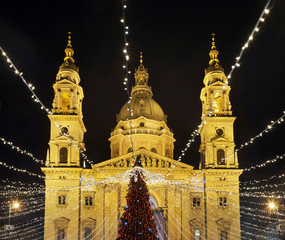 Holiday decorations of Saint Stephens square in Budapest. Hungary