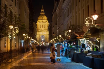 Tuinposter Holiday decorations of  Zrinyi street in Budapest. Hungary © Andrey Shevchenko