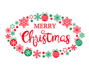 Merry Christmas text. Calligraphic hand drawn lettering design in oval frame from various balls, stars and snowflakes, red and green. Typography red letters isolated on white background. Vector EPS 10