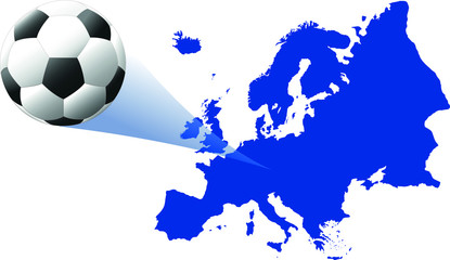 Blue Map of Europe with a soccer ball flying shooting from it. Vector Illustration for the european championship 2020.