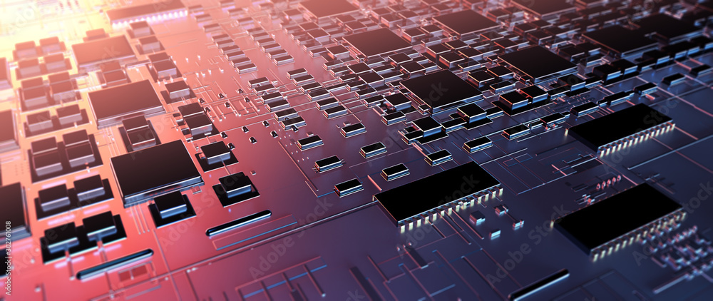 Fototapete Printed circuit board futuristic server/Circuit board futuristic server code processing. Orange,  green, blue technology background with bokeh. 3d rendering