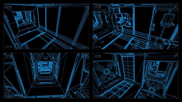 Visual display / playback screen: 3D schematic scans of sections of the ISS, readouts and indicators. Elements of this image furnished by NASA