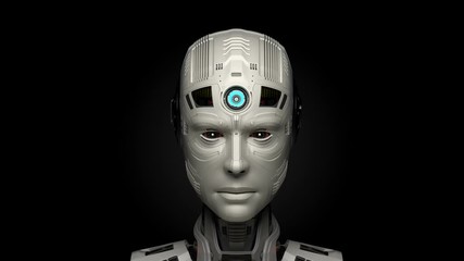 3d rendering of a very detailed futuristic robot or humanoid cyborg with humanlike face being activated or switched on while the camera slowly approaches. Isolated on black background. - Powered by Adobe