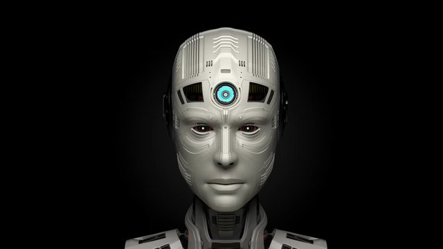 3d rendering of a very detailed futuristic robot or humanoid cyborg with humanlike face being activated or switched on while the camera slowly approaches. Isolated on black background.
