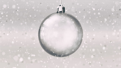 Fototapeta na wymiar Isolated empty glass ball on bright background at snowfall, 3d illustration of isolated christmas holiday decoration