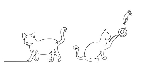 Cat drawn in a continuous line, the cat is playing with a ball of yarn. Actor illustration of a single line.