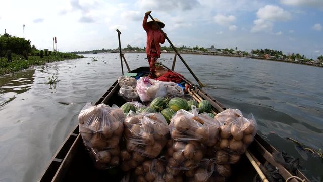 Female using oars to maneuver floating market Vietnam 