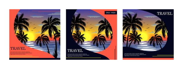 Set of template with Exotic tropical  landscape. Palm trees at sunset or moonlight. Promotional travel poster with seascape. Tourism and travelling. Vector  design for layout. Advertising