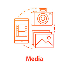 Media concept icon. Visual content idea thin line illustration. Videos, pictures and photos on mobile devices. Media library and files storage service. Vector isolated outline drawing