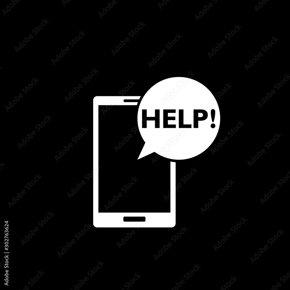 Poster speech bubble with help on smartphone screen isolated on black background