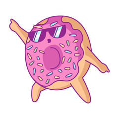 Cartoon cool dancing donut in glasses character with pink glaze makes disco. For stickers, greeting cards, party invitations, posters, prints and books.